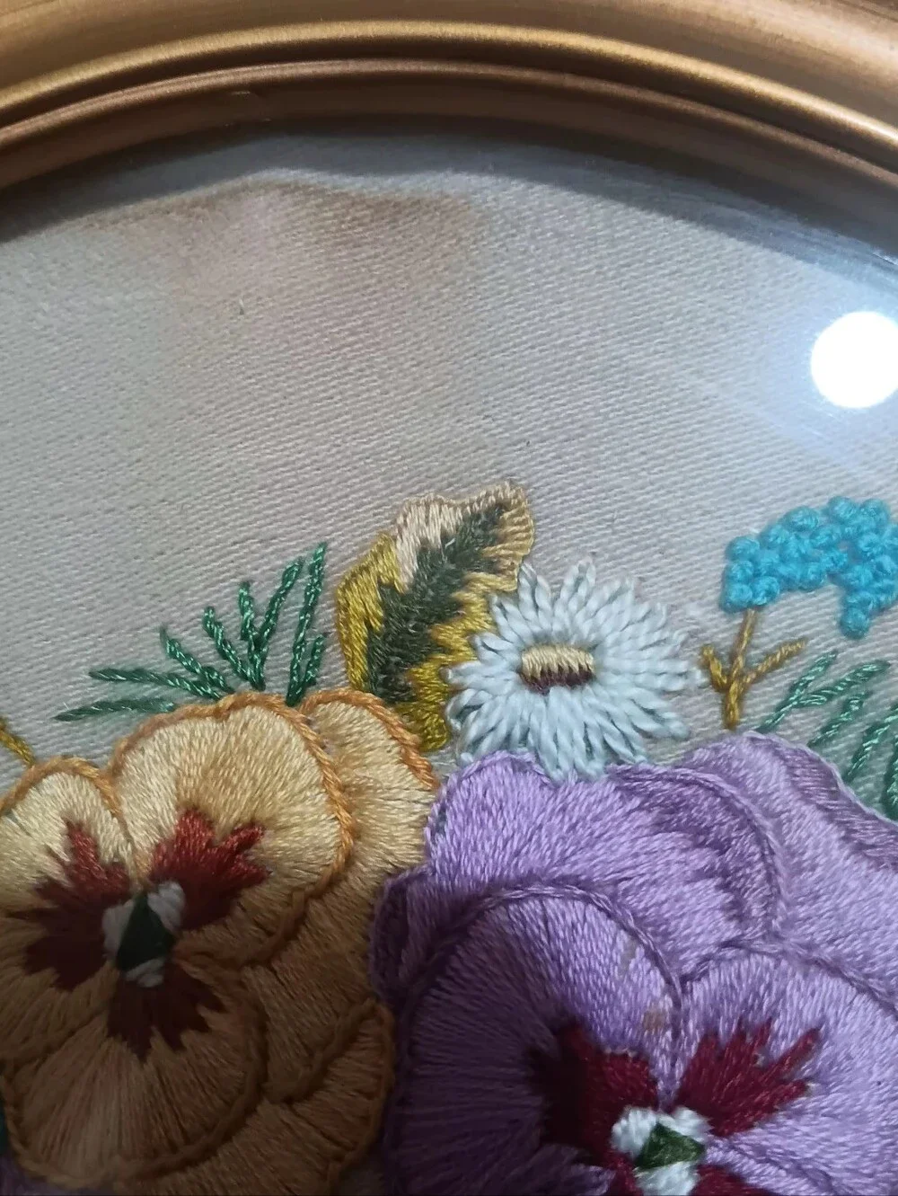 Vintage Completed Framed Floral Embroidery Wall Art - Purple and Cream Pansies